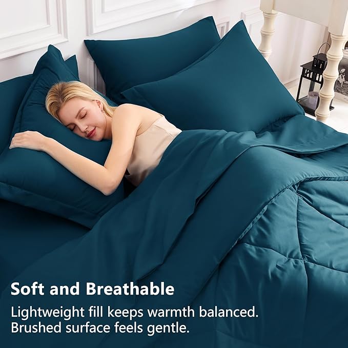 CozyLux Full Size Comforter Sets Lyons Blue - 7 Pieces Bed in a Bag Full, Luxury Soft Bed Set for All Seasons, Bedding Set with Down Alternative Comforter, Sheets, Pillowcases & Shams