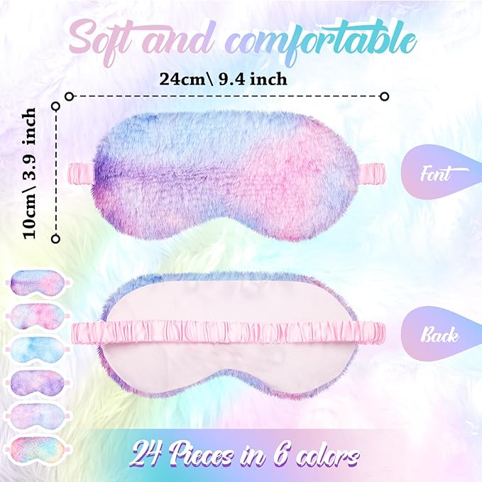 Geyoga 24 Pcs Plush Sleep Eye Mask Silk Furry Eye Covers for Sleeping Cute Sleep Mask Fluffy Comfortable Sleeping Blindfold for Travel Sleepover Nap Party Supply Girls Women, Rainbow Color