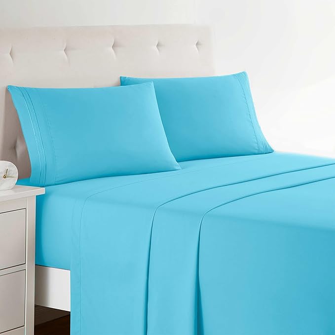 Clara Clark Bed Sheets, Premier 1800 Series 4 Piece Bed Sheet Set, Deep Pocket, Wrinkle, Fade, Stain Resistant, Luxury Soft Bedding Sheets & Pillowcases, Split King, Beach Blue