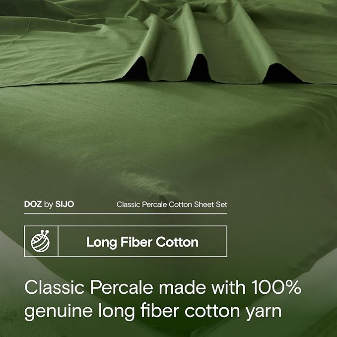 DOZ 100% Long Staple Cotton Sheet Sets, Classic Crisp Percale Weave, Breathable, Matte Finish, Hotel Style, Durable, 4pc – 2 Pillowcases 1 Fitted 1 Flat (Forest, King)