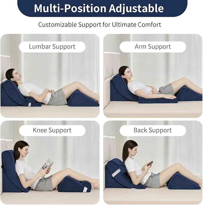 4PCS Orthopedic Bed Wedge Pillow Set for Post Surgery&Pain Relief,Adjustable Wedge Pillow for Back,Acid Reflux,Sitting up in Bed,Recovery,Snoring,Body Pillow for Sleeping (Navy)
