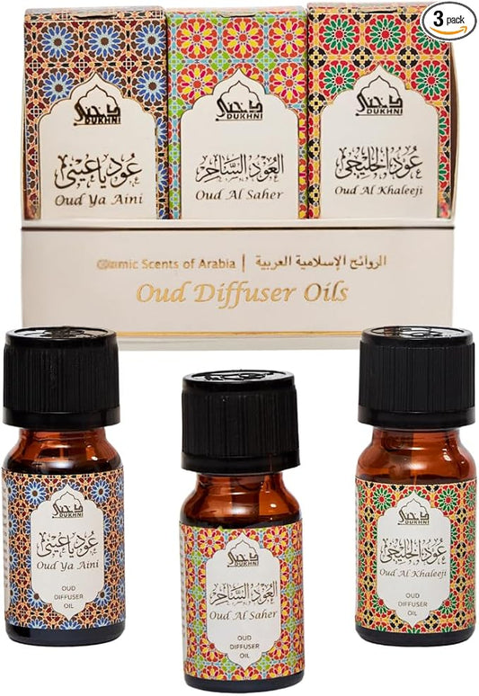 Arabic Oud Diffuser Oil Set, Essential Oils by Dukhni | 3 x 10ml Oudh Oil Gift Set for Diffuser & humidifier | 100% Pure Halal Oils | Relax with Home Aromatherapy, for Relaxation & Massage