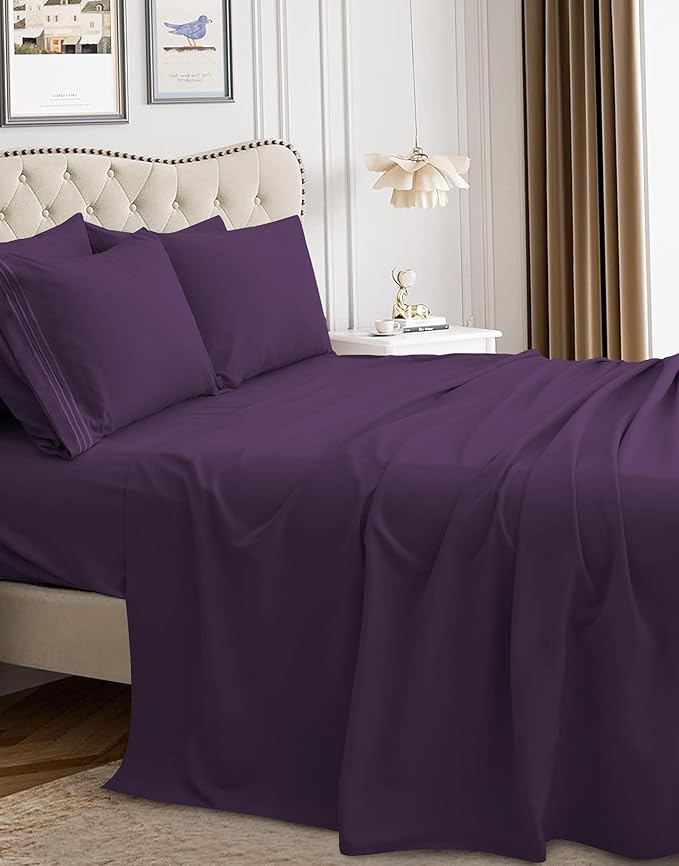 Mocassi Luxury Split King 5-Piece Sheet Set - 1800 Premium Hotel Quality - Easy-Fit, Wrinkle, Fade Resistant Bed Sheets and Pillowcases - All Around Elastic Fitted Sheet, Deep Pocket, Purple