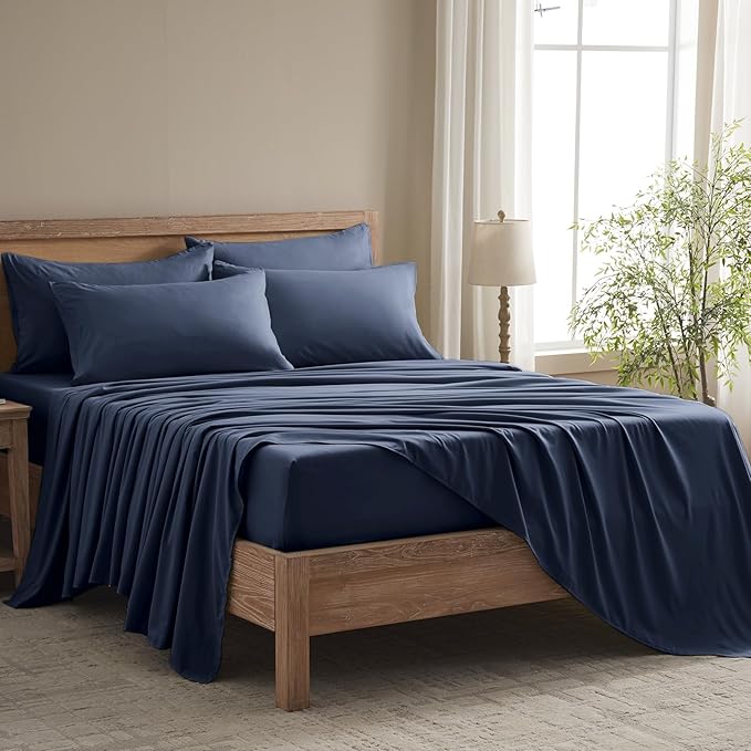 King Size Sheets Set - 6 Piece Luxuriously Soft & Cooling Sheets King Size - Ultra Soft 16" Deep Pocket King Sheet Set - Fitted Sheet & Pillowcase Sets (King Navy Blue)