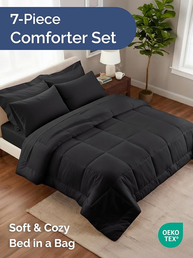 Full Comforter Set - 7 Piece Bed in a Bag Full Size Bed Set - Down Alternative Comforter, Flat Sheet, Fitted Sheet, Pillowcase & Shams for All Seasons - Ultra Soft, Cozy, Comfy and Breathable - Black