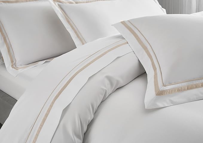 White Pillow Shams Standard Size Set of 2, 100% Cotton 400TC Sateen Luxury Hotel Pillow Cases, Pipping Oxford Pillowcases with Envelope Closure for Bedding Linen, 20x26 Inches (White with Khaki)