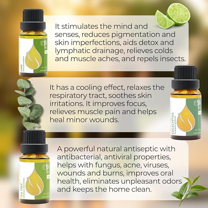 Set Morning Energy Organic Essential Oils | 1.52 Fl Oz | Lime + Tea Tree + Eucalyptus | 100% Pure and Natural | Undiluted | Therapeutic Grade | Non-GMO | (3 pcs x 15 ml)