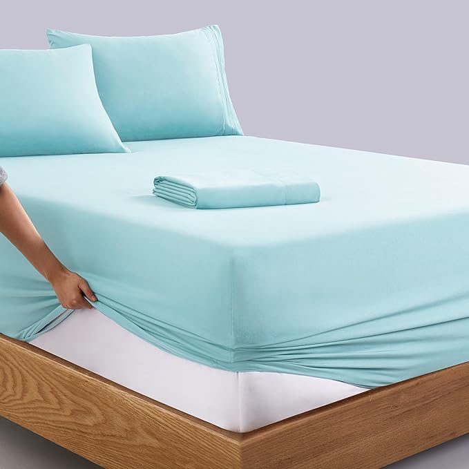 Manyshofu Extra Deep Pocket King Size Sheets - Hotel Luxury 1800 Thread Count Sheets & Pillowcases - Microfiber Bedding Set up to 24" Mattress - Aqua Blue Bed Sheets 18-24 Inch Deep Pockets - 4 Piece