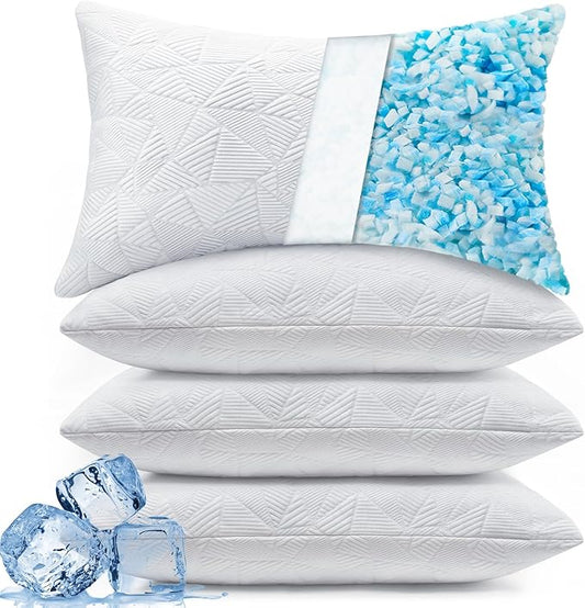 BETU Cooling Pillows Queen Size Set of 4, Shredded Memory Foam Bed Pillows for Sleeping, Adjustable Firm Cool Pillow for Neck Pain and Side Sleeper White
