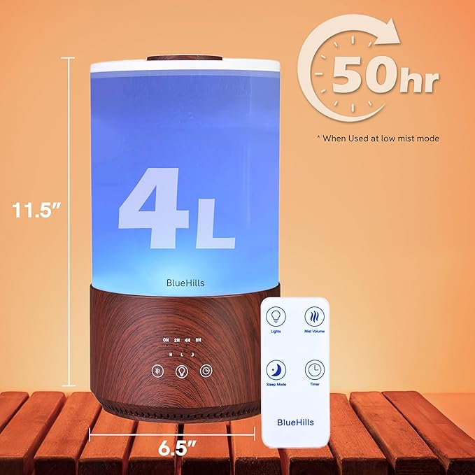 BlueHills Premium 4000 ml Tall Essential Oil Diffuser 4L 4 Liter 50 Hour Run with Remote Timer Aroma Humidifier 1 Gallon Big Capacity High Mist Output for Large Room Lights Dark Wood Grain XL T402