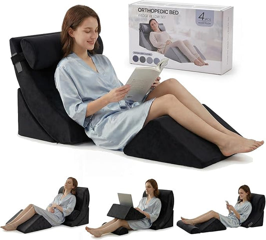 Axelrod 4PCS Orthopedic Bed Wedge Pillow Set, Post Surgery Foam for Back, Neck and Leg Pain Relief Comfortable & Adjustable Pillows- Anti Snoring, Heartburn, Acid Reflux & GERD Sleeping Black
