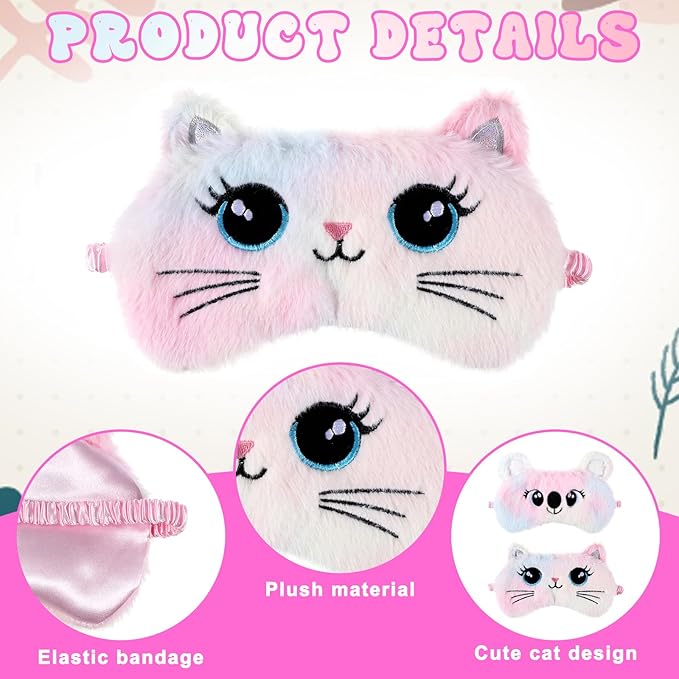 Kids Sleeping Mask, 2 Pcs Cute Plush Cat Sleep Mask for Kids Soft Comfortable Colorful Night Eye Masks Funny Animal Blindfold Eye Cover for Women Home Travel Nap (Cat, Koala)