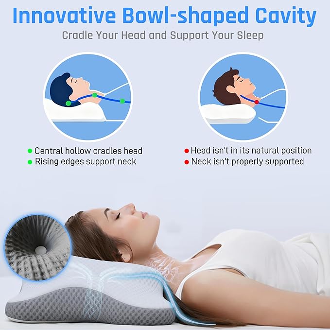 AlignCore Cervical Neck Pillow - Ergonomic Firm Memory Foam Bed Pillows for Sleeping, Neck Pillows for Pain Relief, Back and Side Sleeper Pillow