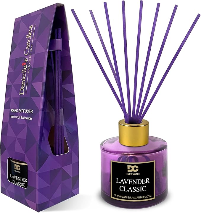 Daniella's Candles Reed Diffuser Set, Lavender Classic, Scented Diffuser with 8 Rattan Sticks, Home Fragrance, Long Lasting Oil Up to 20 Weeks