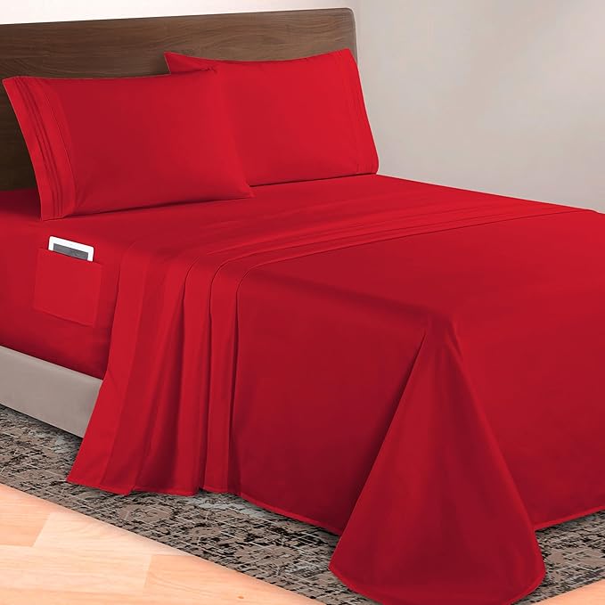 Elegant Comfort Luxurious 1500 Premium Hotel Quality Microfiber 4-Piece Sheet Set, 18-24 Inches Deep - Extra Deep Pocket Sheets - Ultra Soft 4PC Deep Pocket Sheets, California King, Red