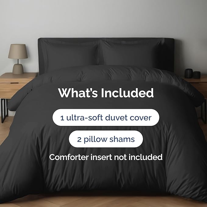 Duvet Cover Full Size Set - Extra Soft Full Duvet Cover 80" x 90" with 2 Pillow Shams - Hotel Luxury, Easy Care and Fade Free w/ Zipper Closures & Ties - All Season, Comfy, Cozy & Breathable (Black)