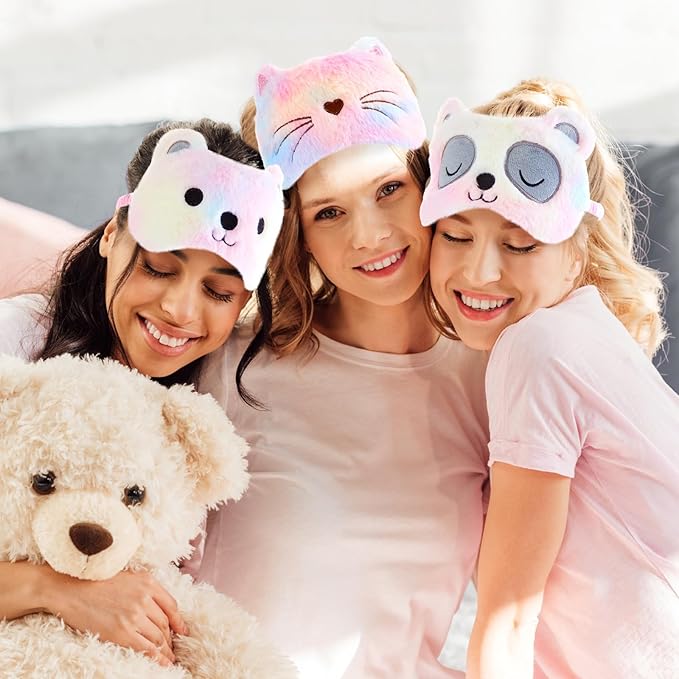 Geyoga 3 Pcs Sleep Mask for Kids, Girls Plush Sleeping Eye Cover Soft Eye Blindfold Cover Animal Shade for Kids(Colorful,Cat, Bear, Panda Style)
