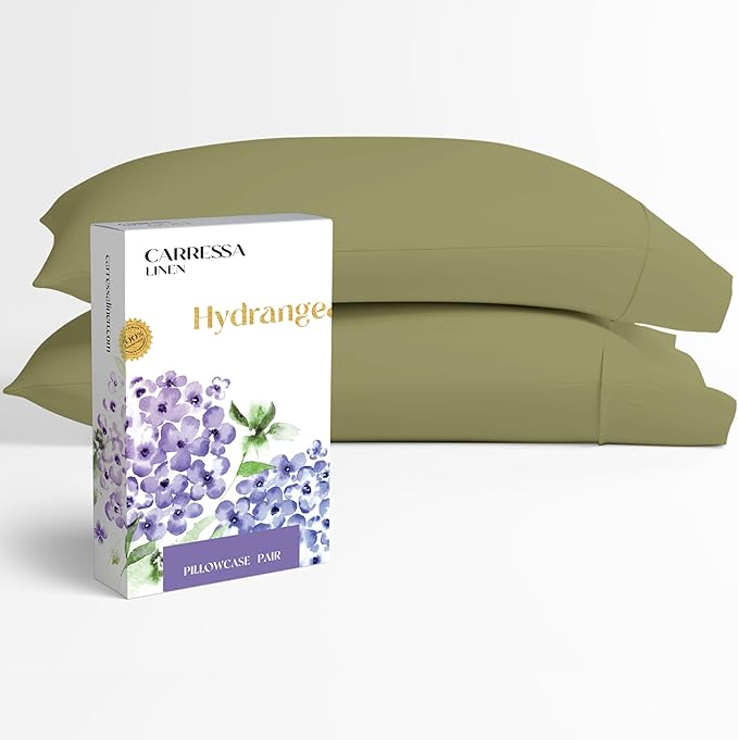 Carressa Linen 100% Egyptian Cotton King Size Pillow Cases Set of 2 - Luxury 600 Series Hydrangeas Collection King Pillowcases (Sage Green), Soft Cooling, Sateen Weave Hotel Quality Bed Pillow Cover