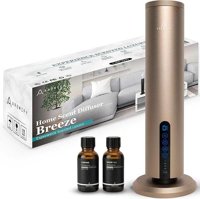 Breeze Wireless Scent Diffuser, Essential Oil Included – Bluetooth & App Control, 1200 Sq Ft Coverage, No Residue, Safe for Kids & Pets, Home, Office & Spa, Gold