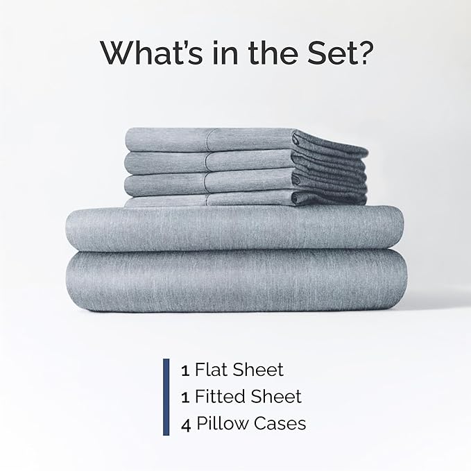 Queen 6 Piece Sheet Set - Comfy, Breathable & Cooling - Soft Hotel Luxury Bedding for Women, Men, Kids, Teens and Children - 1 Flat & 1 Fitted Sheet & 4 Pillowcases with Deep Pockets - Heathered Blue