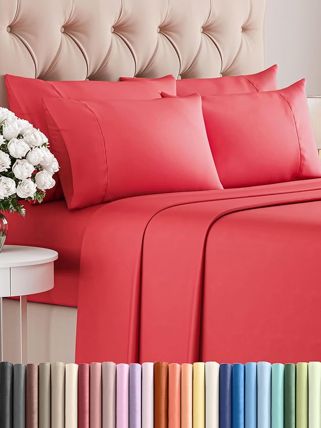 King 6 Piece Sheet Set - Comfy, Breathable & Cooling - Soft Hotel Luxury Bedding for Women, Men, Kids, Teens & Children - 1 Flat & 1 Fitted Sheet & 4 Pillowcases w/ Deep Pockets - Wrinkle Free - Red
