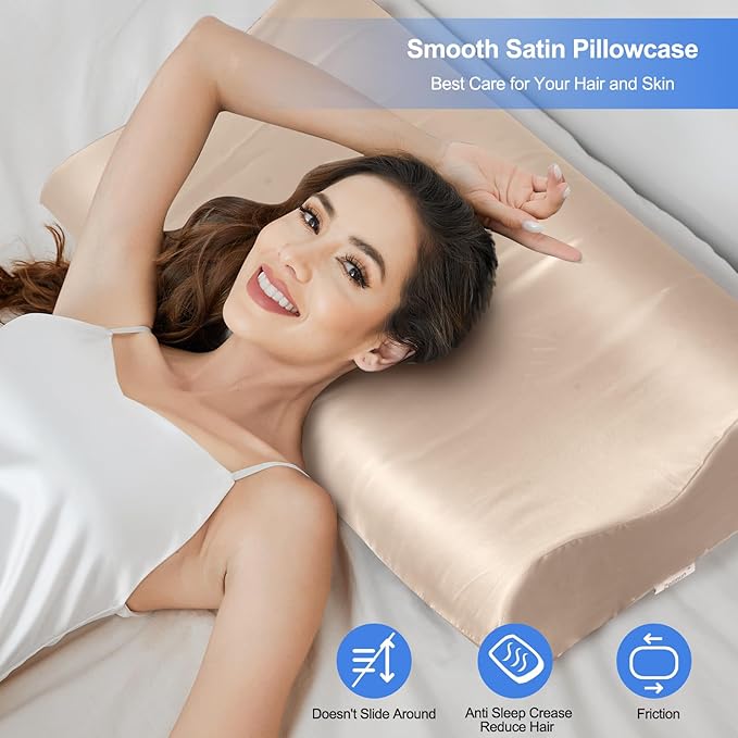 Satin Pillowcase for Contour Memory Foam Pillows, 20" x 12.6" x 4.1"/3.2" Cervical Pillow Case, Soft Pillow Cover for Sleeping Pillows (Champagne)
