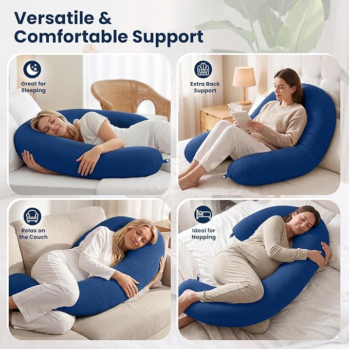 TranquilRelax C Shaped Body Pillow for Side Sleepers, Memory Foam Long Pillow for Leg, Hip & Back Support, Soft Washable Cover,Navy Blue-47"*10"