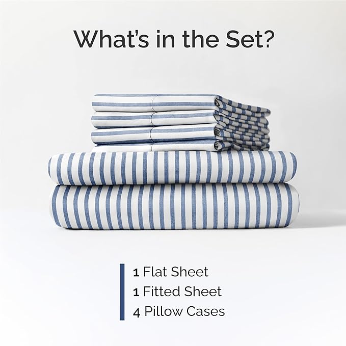 Full 6 Piece Sheet Set - Comfy, Breathable & Cooling - Soft Hotel Luxury Bedding for Women, Men, Kids, Teens and Children - 1 Flat & 1 Fitted Sheet & 4 Pillowcases with Deep Pockets - Blue Stripes 2