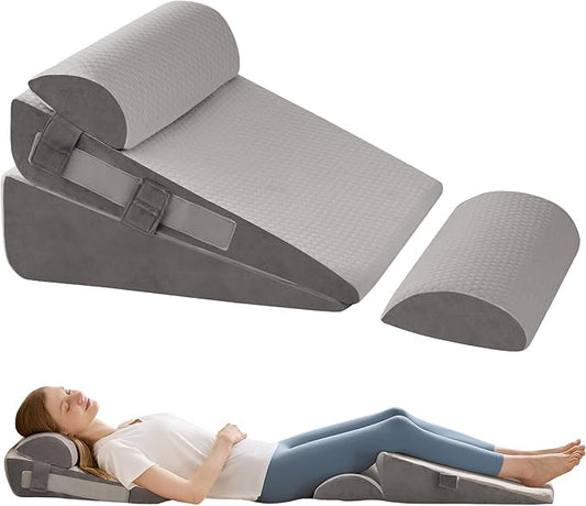 4Pcs Wedge Pillow Set for After Surgery,Acid Reflux Relief, Adjustable Bed Wedge Pillows for Sleeping,Anti Snore, Memory Foam Triangle Pillow for Back&Neck&Shoulder Pain Relief, Grey