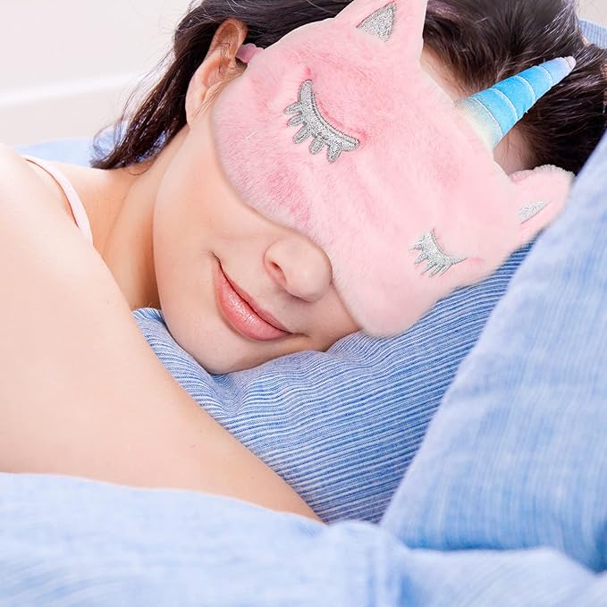 Geyoga 3 Pcs Sleep Mask for Kids, Girls Plush Sleeping Eye Cover Soft Eye Blindfold Cover Animal Shade for Kids(Pink,Bunny, Cat and Unicorn Style)