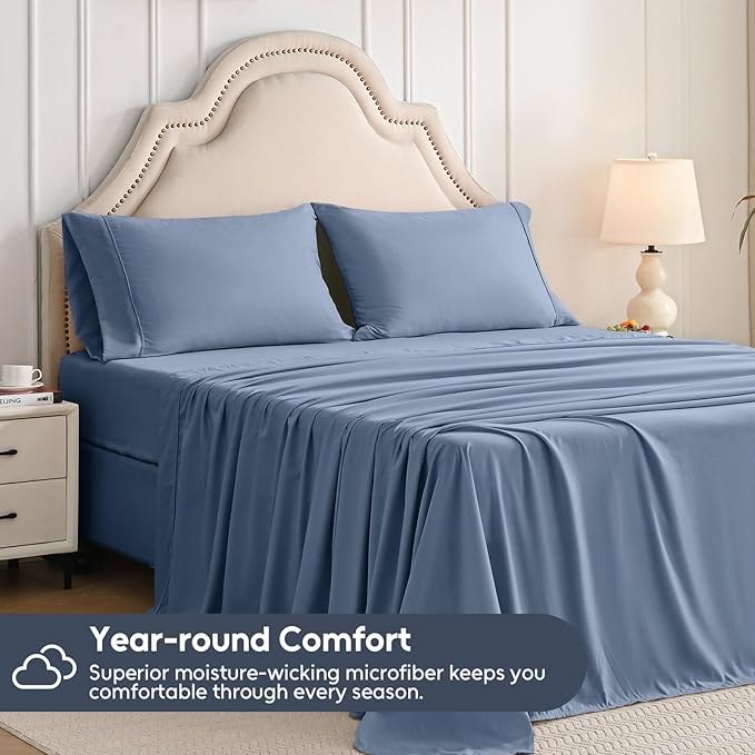 Queen Sheet Set, 4 Pieces Hotel Luxury Soft Microfiber Queen Bed Sheets Set, Up to 16" Deep Pockets, Oeko-Tex Sheets with Elastic, Breathable, Wrinkle Free (Grey Blue, Queen)