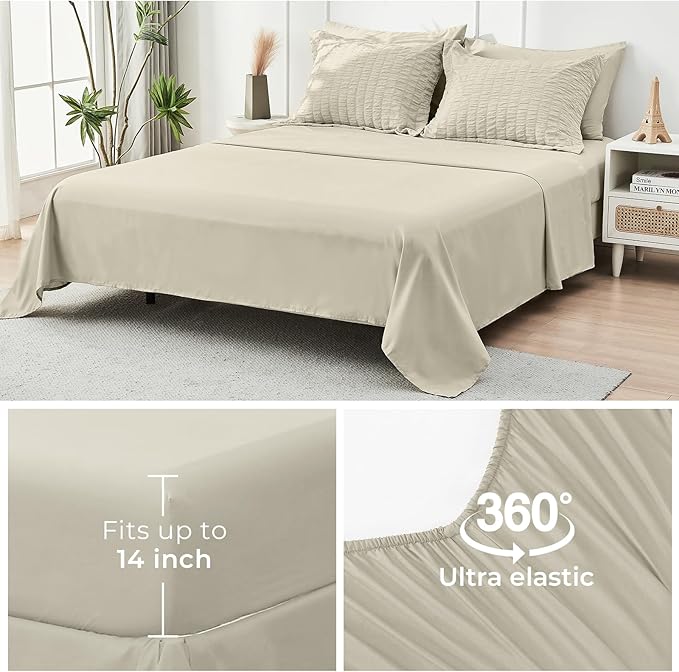 HYMOKEGE Light Linen Queen Comforter Set Seersucker 7 Pieces, All Season Luxury Bed in a Bag Queen for Bedroom, Bedding Set with Comforter, Sheets, Pillowcases & Shams