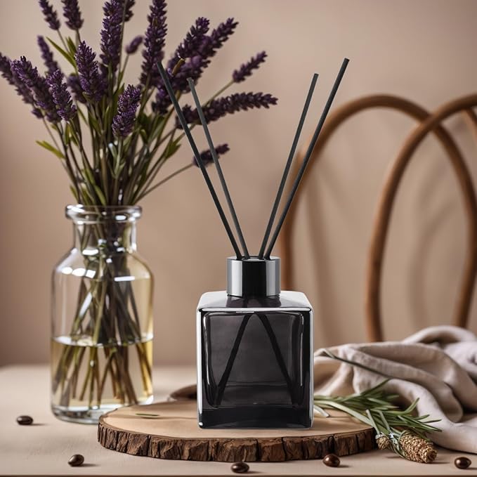 4PCS Empty Glass Diffuser Bottles,150ML/5.29Oz Anthracite Gray Refillable Fragrance Set with 20pcs Reeds Sticks & Black Caps & stoppers & Funnels for DIY Essential Oil