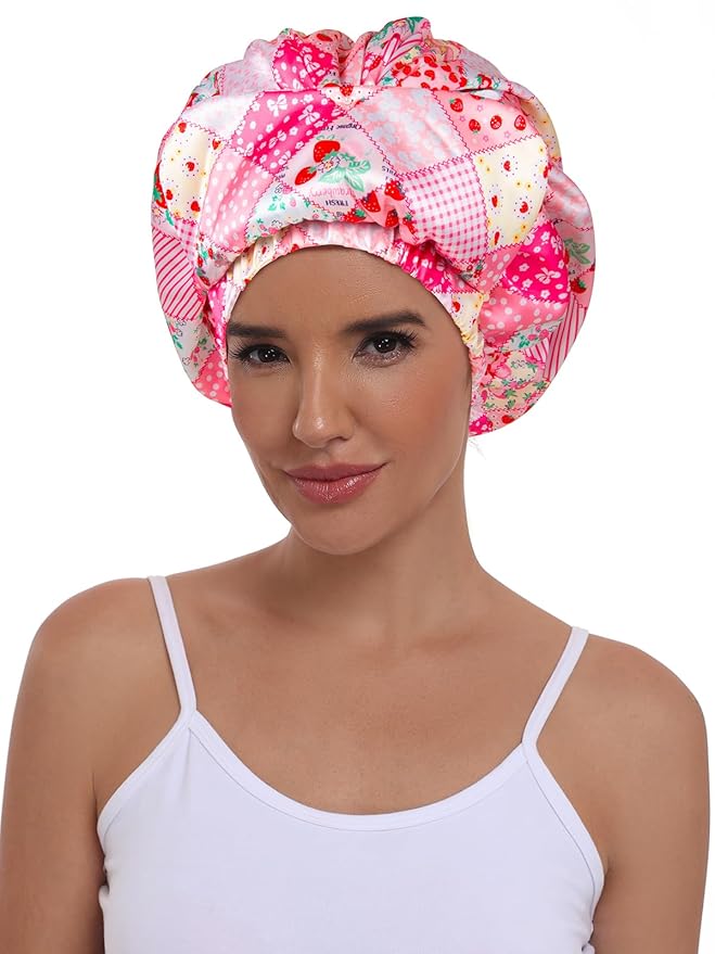 Double Layer Satin Bonnet with Eye Mask Adjustable Silk Sleep Cap Turban Style Hair Wrap for Curly Hair Pink Strawberry