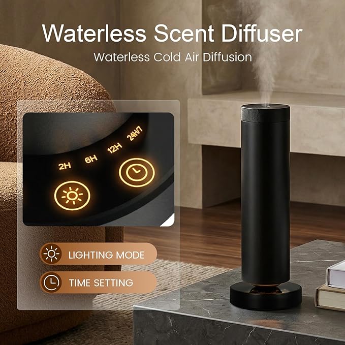 Waterless Diffuser, Cold Air Scent Diffuser with Night Light, Waterless Essential Oil Diffuser for Homes, Offices, Hotels - Covers 1000 Sq Ft - Black- Remote Control (Fragrance Not Included)