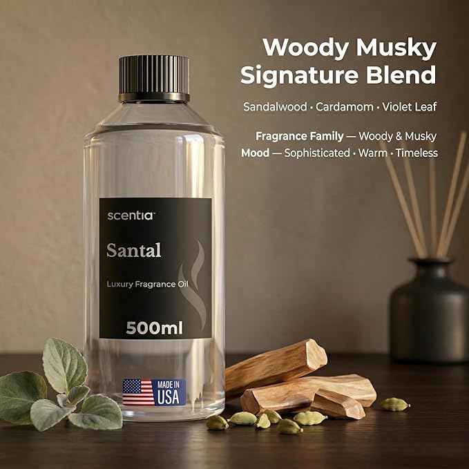 Scentia Santal Diffuser Oil 500ml – Luxury Santal-Inspired Oil – Cedarwood, Amber, Musk, Vanilla – Essential Oil Blend for Large Rooms, Cold-Air Diffusers, HVAC & Ultrasonic, Thanksgiving Gift