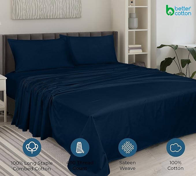 ROYALE LINENS 400 Thread Count 100% American Grown Cotton 4 Piece Sateen King Sheet Set - 1 Fitted Sheet, 1 Flat Sheet, 2 Pillow case - Navy King Bedsheet - Cotton Sheets - (King, Rivera Navy)