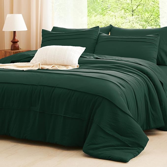 CozyLux Full Size Comforter Sets Emerald Green, 7 Pieces Soft Pinch Pleat Bed in a Bag Full Comforter Set with Sheets, Bed Set with Down Alternative Comforter, Sheets, Pillowcases & Shams
