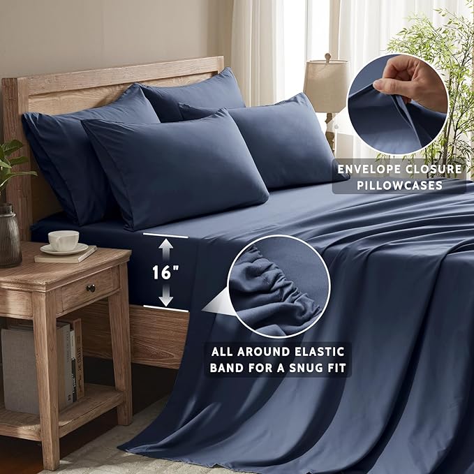 King Size Sheets Set - 6 Piece Luxuriously Soft & Cooling Sheets King Size - Ultra Soft 16" Deep Pocket King Sheet Set - Fitted Sheet & Pillowcase Sets (King Navy Blue)