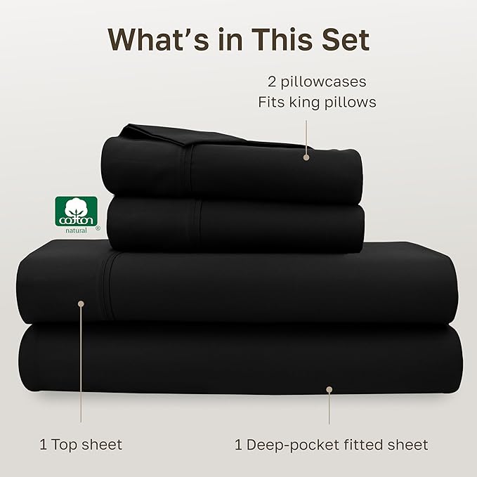 California Design Den Soft 100% Cotton King Size Bed Sheets Set, 400 TC Good Housekeeping Award Winner, Silky Smooth Sateen Weave with Deep Pockets, Breathable and Durable King Bedding Set - Black