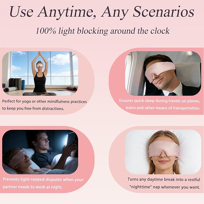 Silk Sleep Eye Mask for Side Sleeper Men Women, Eye Mask Sleeping 100% 22 Momme Pure Mulberry Silk for Night Sleep, Travel, Face-Hugging Padded Eye Cover for Sleeping with Adjustable Band-Pink
