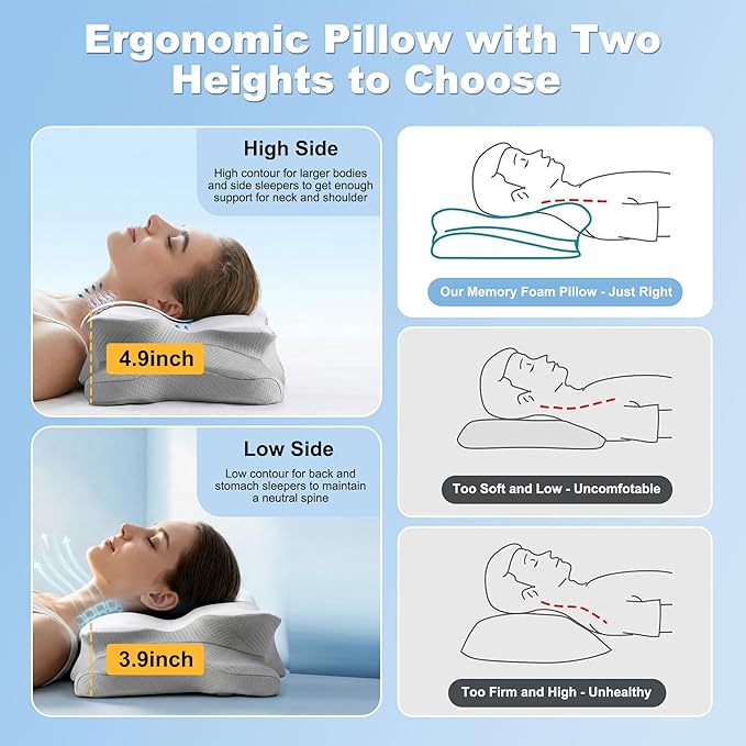 VYLEE Cervical Neck Pillow for Pain Relief, Ergonomic Memory Foam Pillow for Neck Support, Cooling Contour Orthopedic Pillow for Side, Back & Stomach Sleepers