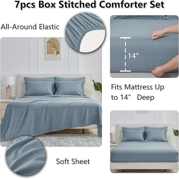 CozyLux Queen Comforter Set Grayish Blue, 7 Pieces Bed in a Bag Queen, All Season Breathable Bedding Sets,Oeko-Tex Certified Bed Set with Down Alternative Comforter, Sheets, Pillowcases & Pillow shams