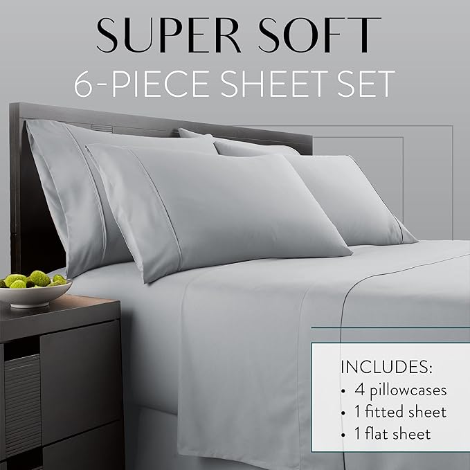 Danjor Linens Bed Sheet Set King Size for Hot Sleepers, Hotel Premium Sheets with 4 Pillowcases, Lightweight Brushed Microfiber Deep Pockets, Breathable Cooling 6 Piece Bedding Sets, Light Gray