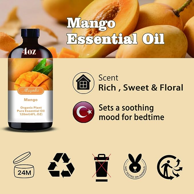 Mango Essential Oil – MLYNKL Mango Oils 4.33 fl oz for Diffusers, Humidifiers, Massage, DIY Candles, Soap, Cleaning, Home, Yoga, Office, Gifts - 130 ml