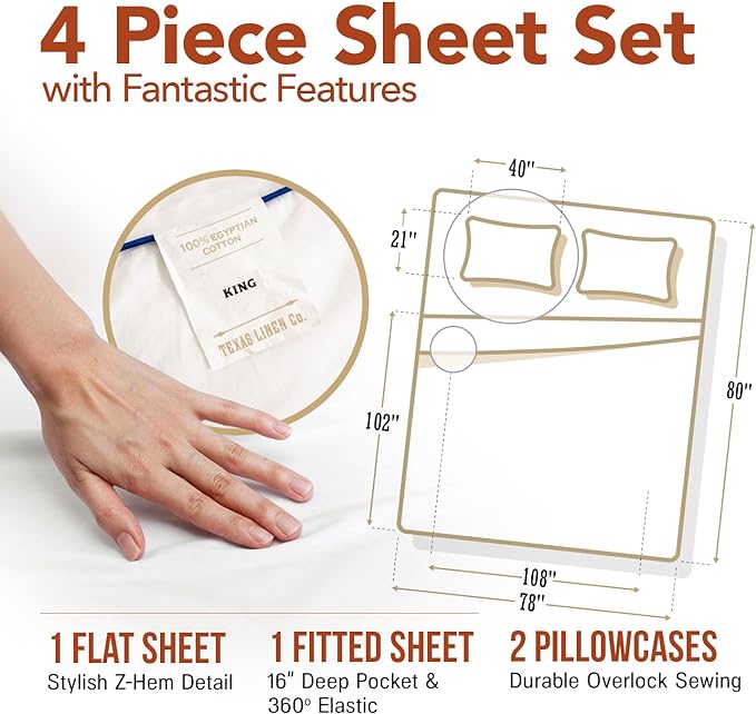 TEXAS LINEN CO. Luxury Egyptian Cotton King Size Sheet Set - Texan Talkin' Collection 600 Series 4 PC Deep Pocket Fitted and Flat Sheets, Cooling Extra Long Staple Sateen Hotel Bedding - White