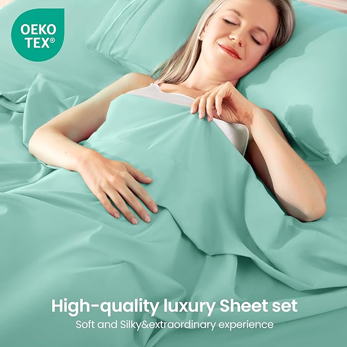 ROSE&RISY Light Green Twin Sheet Set, 3 Pieces Soft Bedding Sheet Set, Breathable and Cooling,Includes Fitted, Flat, Pillow Cases - Deep Pocket (Light Green, Twin)