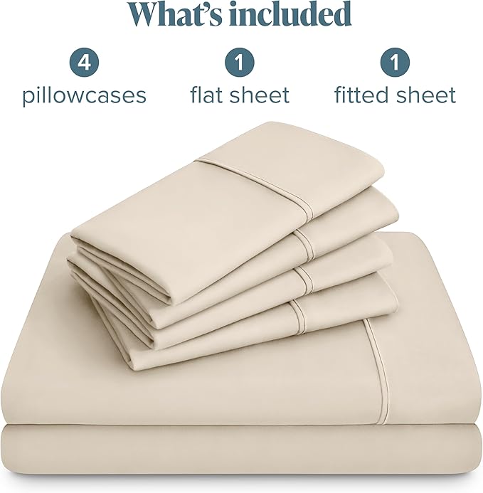 Bare Home Hotel Luxury Split Head Flex King Sheet Set, Extra Soft, Deep Pockets, Easy Fit, Cooling & Breathable, Wrinkle, Fade, Stain Resistant, with 4 Pillowcases (Split Head Flex King, Sand)
