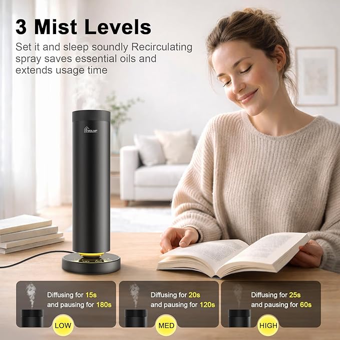 Waterless Diffuser,1500 Sq Ft,USB Plug-in & Rechargeable，Ring Ambient Light,Aluminum,Remote Control&Touch Buttons,Adjustable Fragrance Intensity&Timer,Hotel Collection Scent Machine - Black