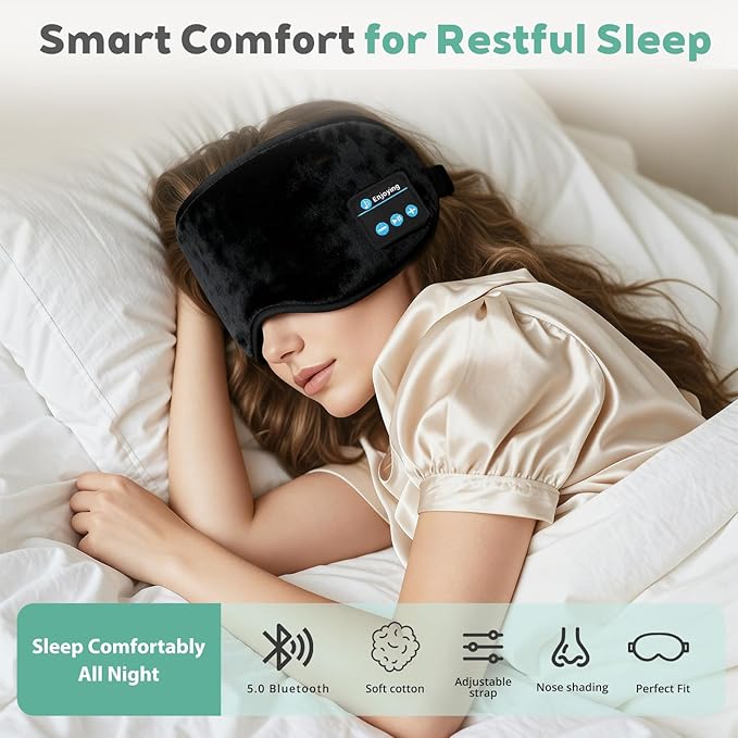 Sleep Mask Bluetooth Wireless Headphones, Sleep Earphones Music Eyemask, 2 in 1 Ear Mask and Eye Mask for Side Sleepers, Warm Earbuds Built-in HD Speakers Blindfold for Men Women (Black)